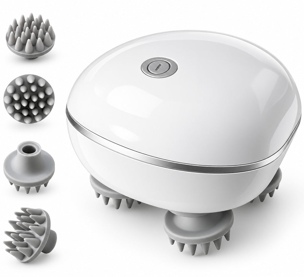 My Store electric handheld scalp massager with white ergonomic body and four rotating grey silicone massage heads