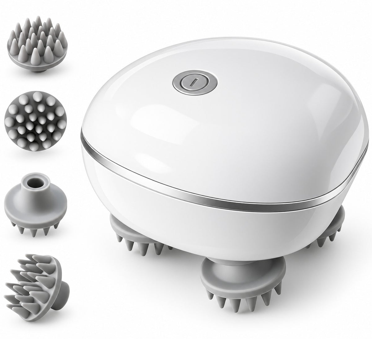 My Store electric handheld scalp massager with white ergonomic body and four rotating grey silicone massage heads