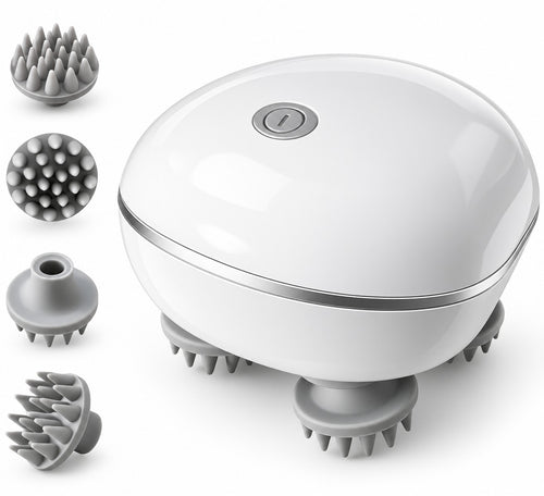 My Store electric handheld scalp massager with white ergonomic body and four rotating grey silicone massage heads