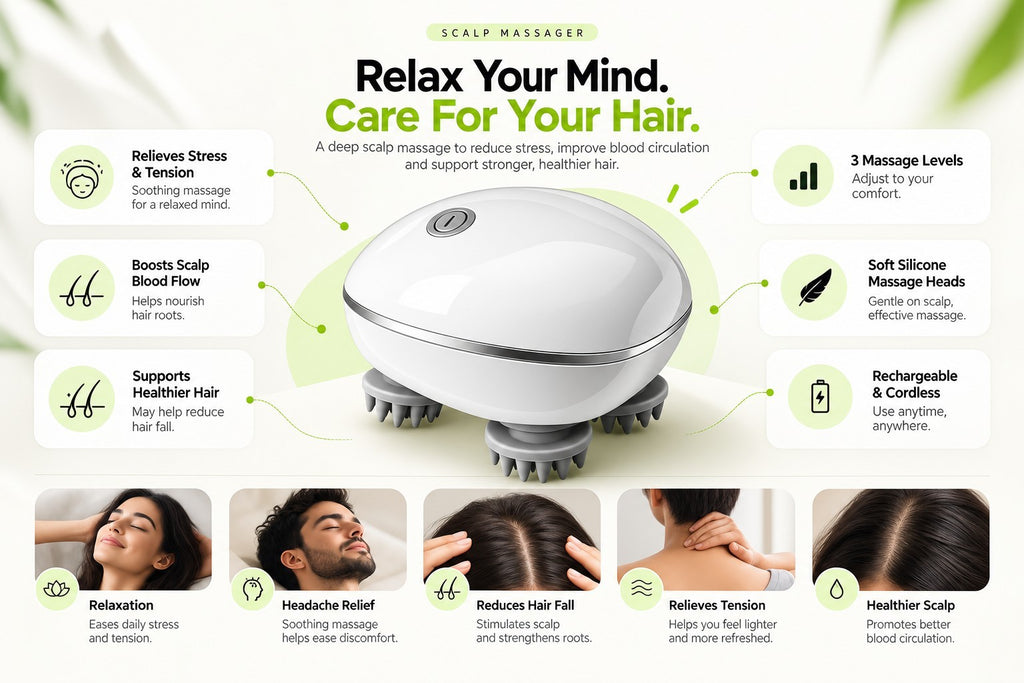 My Store electric scalp massager with four rotating silicone heads, shown in an infographic highlighting benefits.