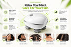 My Store electric scalp massager with four rotating silicone heads, shown in an infographic highlighting benefits.