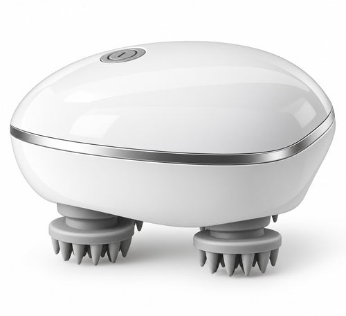 My Store electric handheld scalp massager with white ergonomic body and grey silicone rotating massage heads