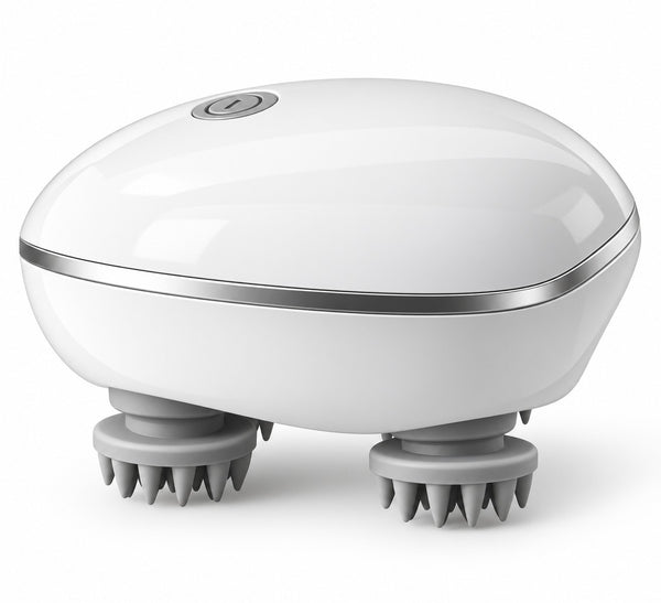 My Store electric handheld scalp massager with white ergonomic body and grey silicone rotating massage heads