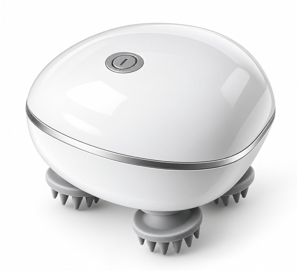 My Store electric handheld scalp massager in white with four rotating grey silicone heads for stress relief