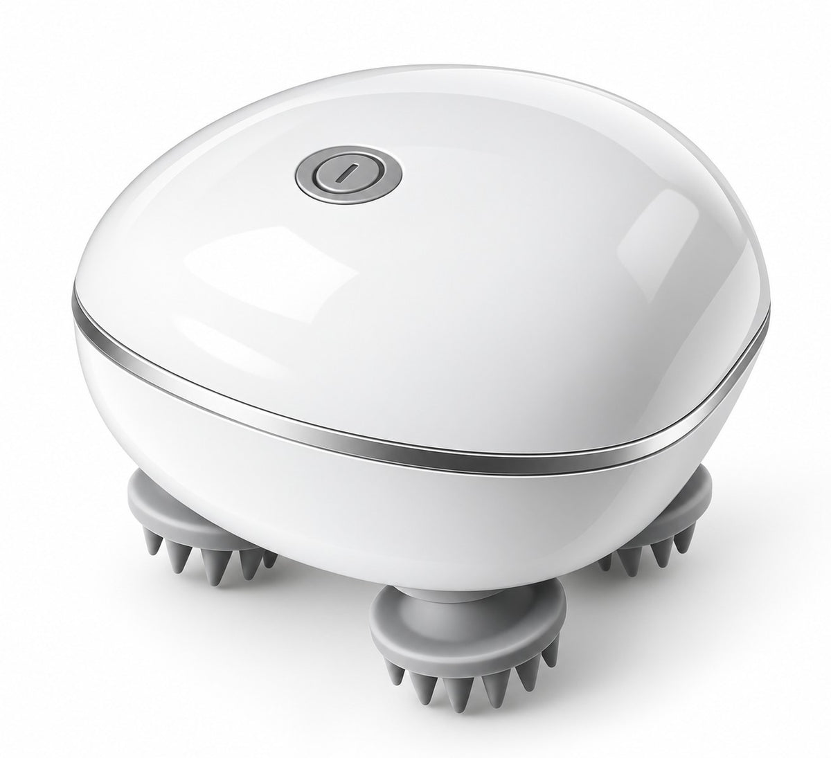 My Store electric handheld scalp massager in white with four rotating grey silicone heads for stress relief